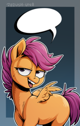 Size: 673x1063 | Tagged: safe, artist:hattiezazu, scootaloo, pegasus, pony, g4, abstract background, female, open mouth, solo, speech bubble, wings
