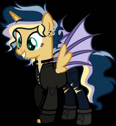 Size: 1250x1356 | Tagged: safe, artist:n0kkun, oc, oc only, oc:hightune stormblazer, alicorn, bat pony, bat pony alicorn, pony, icey-verse, alicorn oc, bat pony oc, bat wings, black background, boots, choker, clothes, ear piercing, earring, female, fingerless gloves, gloves, grin, horn, jacket, jeans, jewelry, leather jacket, lip piercing, mare, multicolored hair, nose piercing, offspring, pants, parent:oc:elizabat stormfeather, parent:oc:trail blazer (ice1517), parents:elizablazer, parents:oc x oc, piercing, raised hoof, shoes, simple background, smiling, solo, tattoo, torn clothes, wings