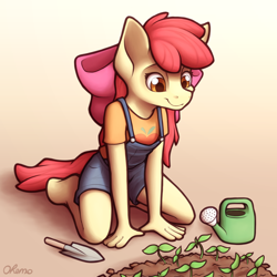 Size: 2000x2000 | Tagged: safe, artist:ohemo, apple bloom, earth pony, anthro, unguligrade anthro, g4, adorabloom, atg 2020, clothes, cute, female, filly, foal, high res, kneeling, newbie artist training grounds, overalls, plant, planting, solo, trowel, watering can