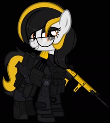 Size: 1500x1667 | Tagged: safe, artist:n0kkun, oc, oc only, oc:zealous stripes, earth pony, pony, armor, assault rifle, bedroom eyes, black background, boots, call of duty, clothes, commission, eyeshadow, female, glasses, gloves, grin, gun, handgun, knee pads, m4a1, makeup, mare, modern warfare, pants, pistol, rifle, shoes, simple background, smiling, solo, weapon