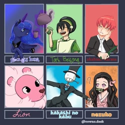 Size: 768x768 | Tagged: safe, artist:rowno.desk, princess luna, alicorn, big cat, human, lion, pony, g4, akabane, akabane karma, assassination classroom, avatar the last airbender, bit gag, clothes, confused, crossover, cup, demon slayer, ethereal mane, female, gag, glowing horn, hat, hoof shoes, horn, howl's moving castle, lion (steven universe), magic, male, mare, nezuko kamado, open mouth, peytral, question mark, six fanarts, smiling, starry mane, steven universe, teacup, teapot, telekinesis, top hat, toph bei fong
