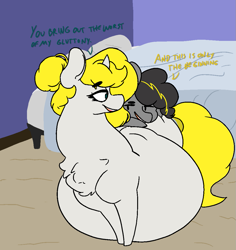 Size: 1041x1101 | Tagged: safe, artist:somefrigginnerd, bon bon, lyra heartstrings, sweetie drops, oc, oc:bug-zapper, oc:snow veil, earth pony, pony, unicorn, g4, anal vore, belly, big belly, dialogue, digestion, female, implied unbirthing, mare, multiple prey, post-vore, story in the source, vore