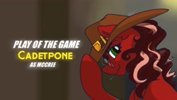 Size: 3840x2160 | Tagged: safe, artist:cadetredshirt, mccree, oc, oc only, oc:cadetpone, earth pony, pony, alternate hairstyle, cowboy hat, crossover, glasses, green eyes, hat, hat tip, high res, looking at you, missing accessory, play of the game, silly, simple background, smiling, smirk, solo, toothpick, two toned hair