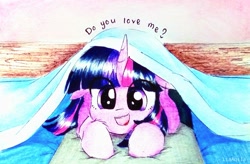 Size: 3342x2191 | Tagged: safe, artist:liaaqila, twilight sparkle, alicorn, pony, g4, bed, bronybait, commission, cute, daaaaaaaaaaaw, dialogue, eye clipping through hair, female, floppy ears, high res, looking at you, lying down, mare, open mouth, open smile, prone, smiling, solo, talking, talking to viewer, traditional art, twiabetes, twilight sparkle (alicorn)