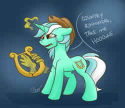 Size: 2288x1980 | Tagged: safe, artist:cadetredshirt, lyra heartstrings, pony, unicorn, g4, accessory theft, applejack's hat, chest fluff, country roads (song), cowboy hat, crying, digital art, female, floppy ears, hand, hat, john denver, lyre, magic, magic hands, musical instrument, playing instrument, sad, simple background, singing, solo, song reference, take me home country roads, two toned mane, two toned tail, west virginia