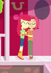 Size: 1148x1640 | Tagged: safe, artist:thomaszoey3000, apple bloom, babs seed, equestria girls, g4, belt, boots, clothes, equestria girls-ified, eyes closed, house, hug, jeans, pants, request, requested art, shirt, shoes