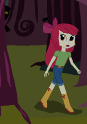 Size: 1148x1640 | Tagged: safe, artist:thomaszoey3000, apple bloom, equestria girls, g4, belt, boots, clothes, forest, jeans, looking back, offscreen character, pants, request, requested art, running, scared, shirt, shoes