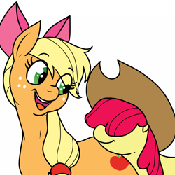 Size: 1500x1500 | Tagged: safe, artist:pony quarantine, apple bloom, applejack, earth pony, pony, g4, 4chan, accessory swap, adorabloom, apple bloom's bow, applejack's hat, bow, cowboy hat, cute, drawthread, eye clipping through hair, female, filly, hair bow, hair over eyes, hat, jackabetes, mare, simple background, white background