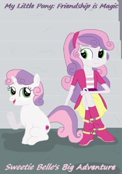 Size: 1024x1463 | Tagged: safe, artist:thomaszoey3000, sweetie belle, human, pony, unicorn, equestria girls, g4, boots, clothes, fanfic, fanfic art, human ponidox, jacket, looking at each other, self paradox, self ponidox, shoes, sitting, skirt, story included