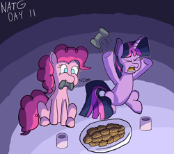 Size: 1800x1600 | Tagged: safe, artist:zeronixma, derpibooru exclusive, pinkie pie, twilight sparkle, pony, atg 2020, controller, cookie, cup, duo, female, food, gamer pinkie, gamer twilight, gaming, mare, mouth hold, newbie artist training grounds, nom, rage quit