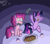 Size: 1800x1600 | Tagged: safe, artist:zeronixma, derpibooru exclusive, pinkie pie, twilight sparkle, pony, g4, atg 2020, controller, cookie, cup, duo, female, food, gamer pinkie, gamer twilight, gaming, mare, mouth hold, newbie artist training grounds, nom, rage quit