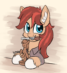 Size: 650x700 | Tagged: safe, artist:litrojia, oc, oc only, oc:cottonwood kindle, earth pony, pony, atg 2020, cheek fluff, chisel, clothes, ear fluff, figurine, looking at you, mouth hold, newbie artist training grounds, shirt, smiling, solo, unshorn fetlocks