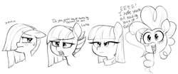 Size: 2191x909 | Tagged: safe, artist:whydomenhavenipples, limestone pie, marble pie, maud pie, pinkie pie, earth pony, pony, g4, blushing, bust, cute, dialogue, excited, female, floppy ears, happy, mare, monochrome, pie sisters, portrait, siblings, sisters, varying degrees of amusement, varying degrees of want