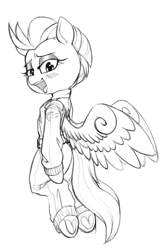 Size: 1293x1959 | Tagged: safe, artist:whydomenhavenipples, lightning dust, pegasus, pony, g4, bedroom eyes, clothes, female, flying, frog (hoof), lineart, looking at you, mare, monochrome, smiling, solo, underhoof