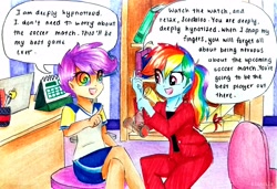 Size: 3402x2322 | Tagged: safe, artist:liaaqila, rainbow dash, scootaloo, equestria girls, g4, blouse, bookshelf, calendar, chair, clothes, computer, cute, cutealoo, desk, duo, female, high res, hypno dash, hypnosis, hypnotherapy, hypnotist, hypnotized, laptop computer, office, open mouth, pants, pendulum swing, pocket watch, ponytail, psychiatrist, shirt, shorts, sitting, smiling, speech bubble, swirly eyes, tomboy, traditional art