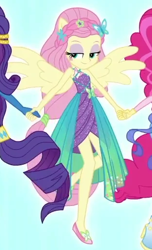 Size: 314x516 | Tagged: safe, screencap, fluttershy, pinkie pie, rarity, equestria girls, equestria girls series, g4, rollercoaster of friendship, cropped, female, ponied up, sleeveless, solo focus, super ponied up