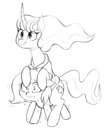 Size: 1603x1977 | Tagged: safe, artist:whydomenhavenipples, mistmane, oc, oc:filly anon, pony, g4, female, filly, monochrome, ponies riding ponies, riding, size difference, struggling
