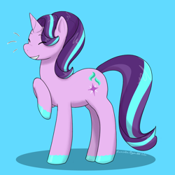 Size: 4000x4000 | Tagged: safe, artist:eurazba, starlight glimmer, pony, unicorn, g4, absurd resolution, blue background, colored hooves, cute, eyes closed, female, glimmerbetes, grin, mare, simple background, smiling, solo