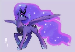 Size: 2039x1418 | Tagged: safe, artist:hosikawa, princess luna, alicorn, pony, g4, ethereal mane, female, gray background, mare, raised hoof, simple background, solo, spread wings, starry mane, turned head, wings