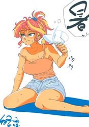 Size: 700x1000 | Tagged: safe, artist:sozglitch, sunset shimmer, human, equestria girls, barefoot, big breasts, blouse, breasts, busty sunset shimmer, clothes, denim shorts, feet, female, japanese, kneeling, ponytail, sexy, shorts, simple background, solo, sweat, sweatdrop