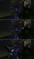 Size: 1280x2200 | Tagged: safe, artist:batponyecho, oc, oc only, oc:echo, oc:violet rose, bat pony, pony, 3d, angry, bat pony oc, bat wings, comic, duo, fangs, female, forest, grumpy, hiding, hissing, mare, night, onomatopoeia, ouch, prank, punch, sitting, smack, sound effects, source filmmaker, spread wings, stealth, tail, this will end in pain, tree, wings
