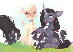 Size: 1266x913 | Tagged: safe, artist:switchsugar, fhtng th§ ¿nsp§kbl, oleander (tfh), pom (tfh), classical unicorn, dog, lamb, pony, sheep, unicorn, them's fightin' herds, adorapom, awwleander, bell, blushing, cloven hooves, community related, cute, daaaaaaaaaaaw, eyes closed, female, happy, head scratch, horn, leonine tail, lineless, moments before disaster, no pupils, onomatopoeia, open mouth, open smile, puppy, sheepdog, sitting, sleeping, smiling, sound effects, tail wag, unshorn fetlocks, when she smiles, zzz