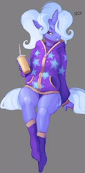 Size: 1508x3055 | Tagged: safe, artist:spaboofy, gameloft, trixie, unicorn, anthro, plantigrade anthro, g4, alternate hairstyle, babysitter trixie, bottomless, clothes, female, gameloft interpretation, gray background, hair over one eye, hoodie, legs, mare, missing shoes, partial nudity, simple background, sitting, socks, solo