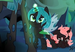 Size: 1280x889 | Tagged: safe, artist:kittypaintyt, queen chrysalis, oc, oc:iridessa, oc:julius, changeling, g4, changeling oc, crying, next generation, parent:queen chrysalis, red changeling