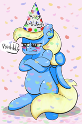 Size: 416x630 | Tagged: safe, artist:fortes-feather, oc, oc only, oc:forté, pegasus, pony, belly button, birthday, blushing, chubby, confetti, crossed arms, ear fluff, ear piercing, grumpy, happy birthday, hat, huffy, party hat, piercing, pouting, simple background, solo, speech bubble, text