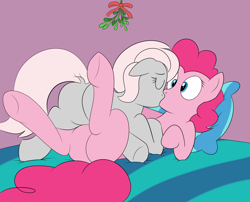 Size: 3000x2420 | Tagged: safe, artist:rupert, pinkie pie, oc, earth pony, pegasus, pony, g4, bed, butt, cute, dock, eyes closed, featureless crotch, female, floppy ears, high res, kiss on the lips, kissing, lesbian, mare, mistletoe, on back, on bed, pillow, plot, prone, simple background, wide eyes