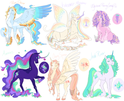 Size: 2200x1800 | Tagged: safe, artist:arexstar, oc, oc only, oc:aurorus, oc:cherry springs, oc:iridescent meadow, oc:jade river, oc:prism dancer, oc:wysteria candy, alicorn, pegasus, pony, unicorn, braid, braided tail, female, glimmer wings, half-siblings, magical lesbian spawn, mare, offspring, parent:princess celestia, parent:rainbow dash, parent:rarity, parent:twilight sparkle, parents:applelestia, parents:dashlestia, parents:flutterlestia, parents:pinkielestia, parents:rarilestia, parents:twilestia, prone, wings