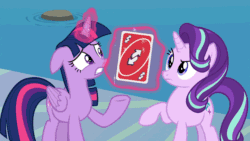 Size: 902x508 | Tagged: safe, edit, edited screencap, screencap, starlight glimmer, twilight sparkle, alicorn, pony, unicorn, g4, school daze, season 8, animated, female, frown, gif, glowing horn, horn, levitation, looking at each other, magic, mare, meme, no u, open mouth, playing card, punch, raised eyebrow, raised hoof, reaction image, slap, smack, spread wings, telekinesis, twilight sparkle (alicorn), uno, uno reverse card, water, wings