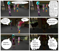 Size: 2432x2098 | Tagged: safe, artist:brightstar40k, apple bloom, coco pommel, sweetie belle, comic:applebloom's tie up game, equestria girls, g4, 3d, boots, clothes, comic, crystal prep academy uniform, dialogue, equestria girls-ified, high res, jacket, jeans, pants, rope, school uniform, shirt, shoes, skirt, source filmmaker, speech bubble, thought bubble