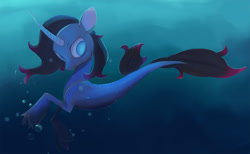 Size: 850x522 | Tagged: artist needed, safe, oleander (tfh), seapony (g4), unicorn, them's fightin' herds, blue eyeshadow, bubble, community related, eyeshadow, female, fish tail, horn, looking down, makeup, ocean, seaponified, smiling, solo, species swap, swimming, underwater, water