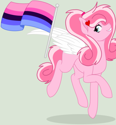 Size: 2208x2392 | Tagged: safe, artist:circuspaparazzi5678, oc, oc only, oc:cupid swirls, pegasus, pony, base used, curly hair, heart on hair, high res, omnisexual, omnisexual pride flag, ponytail, pride, pride flag, pride month, smiling, solo, white wings