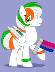 Size: 1398x1852 | Tagged: safe, artist:circuspaparazzi5678, oc, oc only, oc:dublin, pegasus, pony, base used, bisexual pride flag, bracelet, jewelry, male, pride, pride flag, pride month, smiling, solo