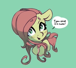 Size: 1018x909 | Tagged: safe, artist:nookprint, fluttershy, pony, beanbrows, blushing, bust, colored hooves, dialogue, eyebrows, eyebrows visible through hair, female, floppy ears, looking at you, mare, open mouth, playing with hair, portrait, simple background, smiling, solo, speech bubble, teal background