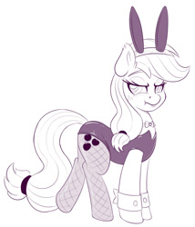 Size: 1200x1400 | Tagged: safe, artist:ziemniax, applejack, earth pony, pony, g4, bunny ears, bunny suit, clothes, cute, female, fishnet clothing, fishnet stockings, jackabetes, monochrome, simple background, sketch, solo, stockings, thigh highs, tsundere, tsunjack, white background