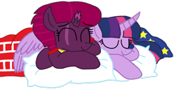 Size: 1424x728 | Tagged: safe, artist:徐詩珮, fizzlepop berrytwist, tempest shadow, twilight sparkle, alicorn, pony, unicorn, series:sprglitemplight diary, series:sprglitemplight life jacket days, series:springshadowdrops diary, series:springshadowdrops life jacket days, g4, alternate universe, chase (paw patrol), clothes, cute, female, lesbian, marshall (paw patrol), paw patrol, pillow, ship:tempestlight, shipping, simple background, sleeping, transparent background, twilight sparkle (alicorn)