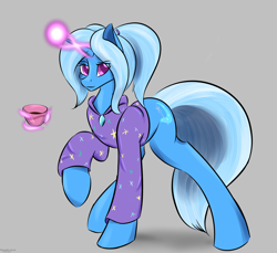 Size: 3610x3305 | Tagged: safe, artist:renarde-louve, trixie, pony, unicorn, g4, alternate hairstyle, babysitter trixie, clothes, cup, female, gray background, high res, hoodie, looking at you, magic, mare, ponytail, simple background, solo, teacup, telekinesis