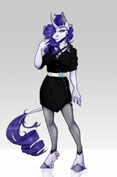 Size: 1024x1548 | Tagged: safe, artist:heroin-burn, rarity, unicorn, anthro, unguligrade anthro, g4, belt, clothes, curved horn, dress, ear piercing, earring, female, horn, horn ring, jewelry, mare, piercing, solo, stockings, thigh highs, unshorn fetlocks