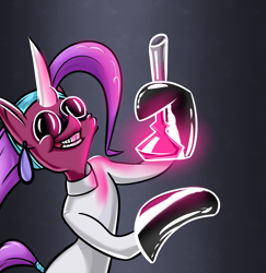 Size: 3197x3289 | Tagged: safe, artist:ybkathan, oc, oc only, oc:dewulf, pony, unicorn, clothes, crossover, female, flask, goggles, high res, lab coat, mare, solo, the emperor's new groove, yzma