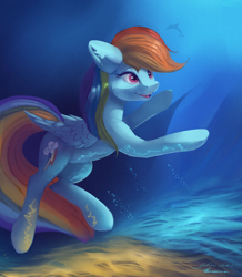 Size: 3491x4000 | Tagged: safe, artist:auroriia, artist:galinn-arts, rainbow dash, dolphin, pegasus, pony, g4, bubble, collaboration, crepuscular rays, female, high res, ocean, open mouth, signature, smiling, solo, sunlight, teeth, underwater, water, wings
