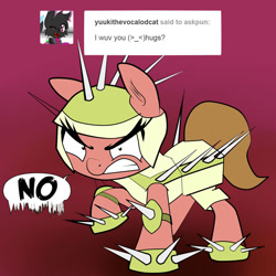 Size: 800x800 | Tagged: safe, artist:wadusher0, oc, oc only, oc:pun, earth pony, pony, ask pun, angry, armor, ask, no, solo, spikes, tumblr