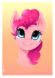 Size: 2235x3142 | Tagged: safe, artist:fladdrarblyg, pinkie pie, earth pony, pony, g4, bust, cute, diapinkes, ear fluff, female, frame, front view, full face view, high res, looking up, mare, portrait, smiling, solo