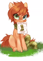 Size: 1448x2048 | Tagged: safe, artist:sofiko-ko, oc, oc only, oc:rusty gears, pony, clothes, cute, cyrillic, grass, heterochromia, mouth hold, russian, sitting, sock, socks, solo, striped socks, translated in the description