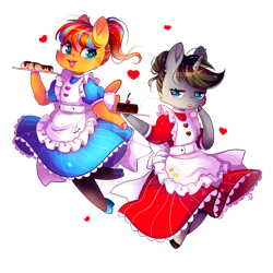 Size: 900x901 | Tagged: safe, artist:ipun, oc, oc only, oc:cold front, oc:disty, pegasus, unicorn, anthro, apron, arm hooves, bow, cake, cherry, chibi, clothes, crossdressing, deviantart watermark, dress, eclair, food, friendship cafe, heart, high heels, lipstick, maid, obtrusive watermark, pantyhose, shoes, simple background, smiling, stockings, thigh highs, transparent background, watermark