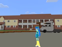 Size: 2048x1536 | Tagged: safe, artist:topsangtheman, blueberry cake, equestria girls, g4, female, house, looking at you, minecraft, photoshopped into minecraft, solo, truck