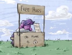Size: 3300x2550 | Tagged: safe, artist:rigbyh00ves, twilight sparkle, pony, g4, booth, cute, eyes closed, female, free hugs, high res, lucy's advice booth, mare, nap, onomatopoeia, outdoors, pillow, pone, sign, sky, sleeping, solo, sound effects, stand, twiabetes, zzz