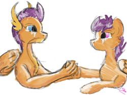 Size: 2224x1668 | Tagged: safe, artist:mry, scootaloo, smolder, g4, crying, holding hoof, looking at each other